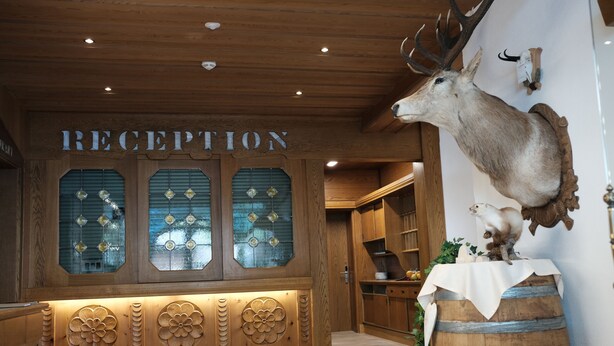 A reception area with wooden paneling, a mounted deer head, and a sign that reads "RECEPTION". - Apart Felsenhof (Laengenfeld)