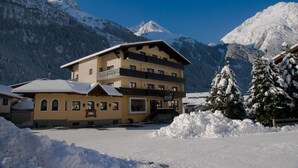 A multi-story hotel with balconies, set against a backdrop of snow-covered mountains. - Apart Felsenhof (Laengenfeld)