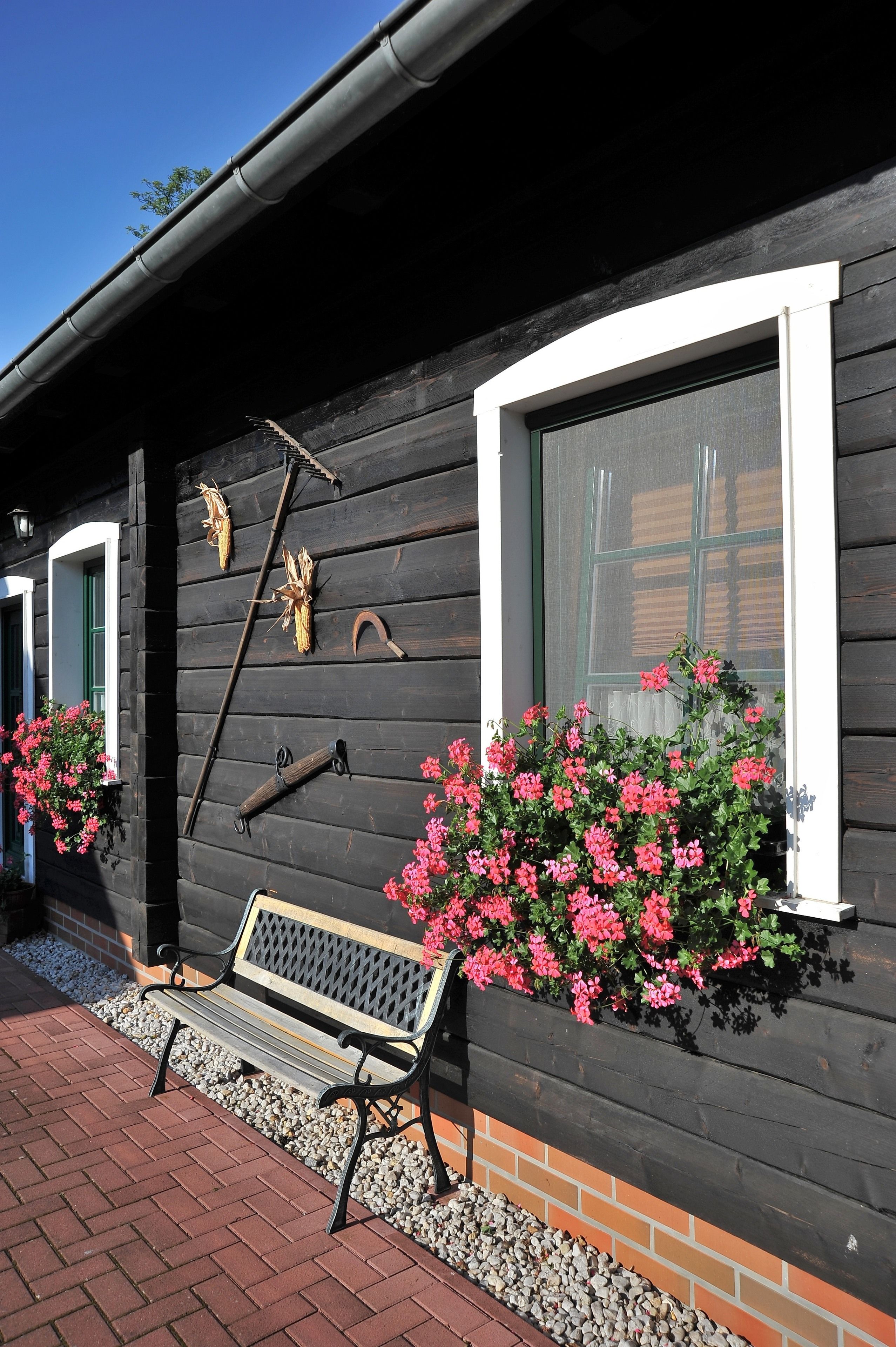 A wooden building with a bench and flower boxes.