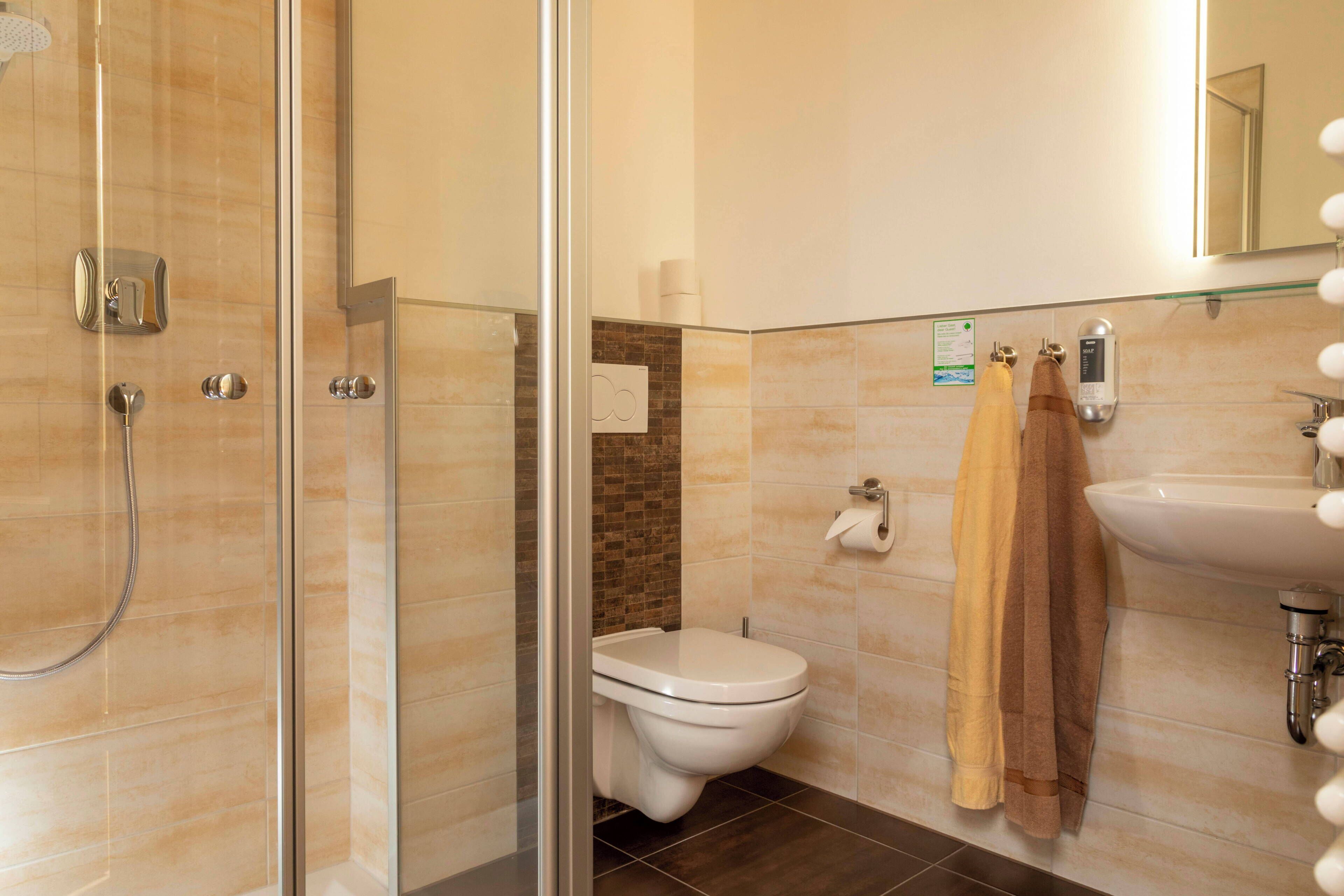 A modern bathroom with a glass shower enclosure, a toilet, and a sink.