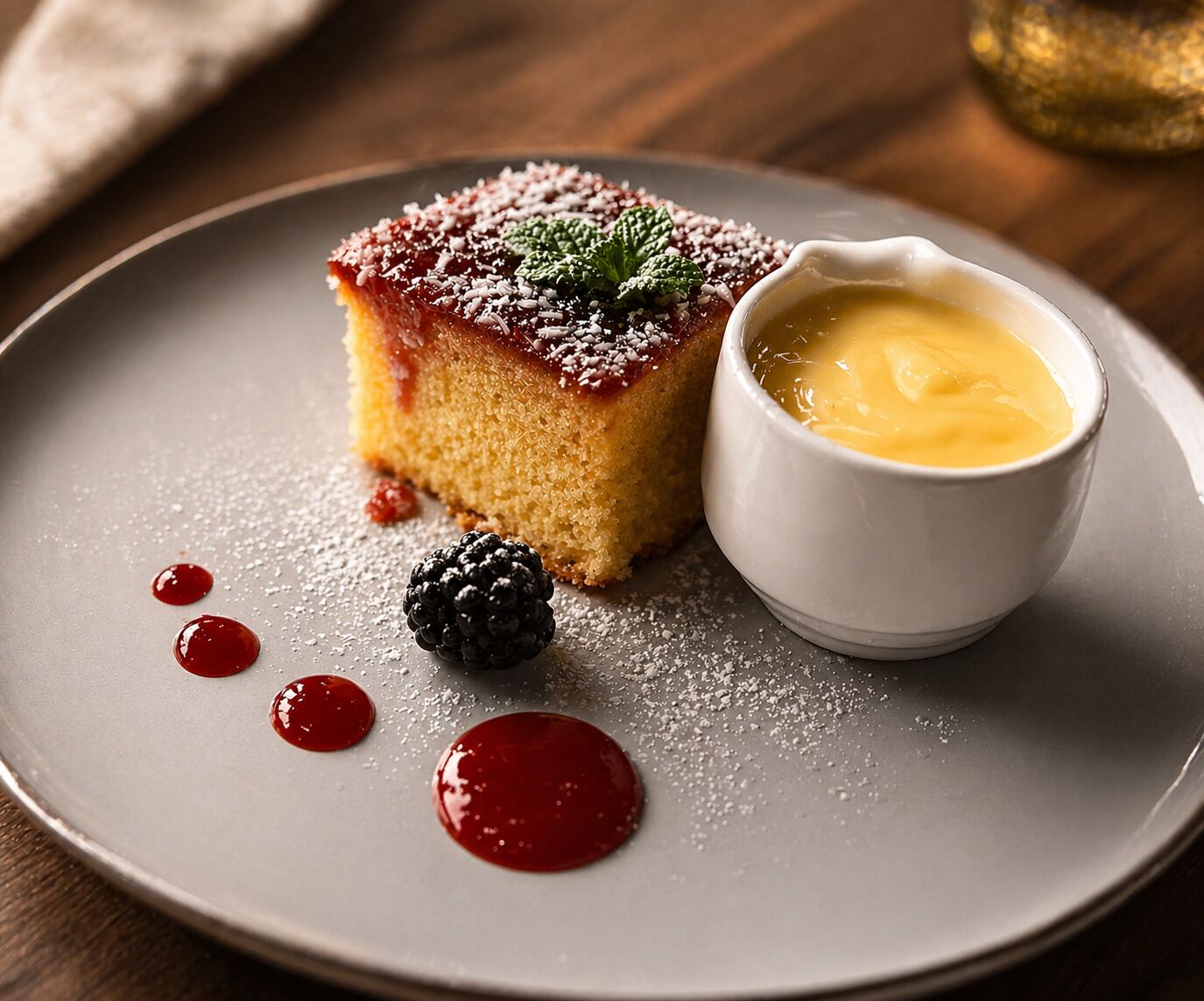 Un postre con compota de frutos rojos, una mora y un recipiente pequeño con salsa sobre un plato.