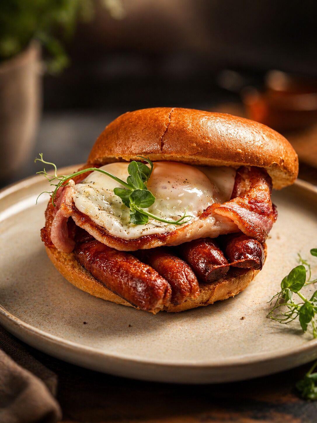 Un sándwich con tocino, salchicha y un huevo pochado sobre un pan, servido en un plato.