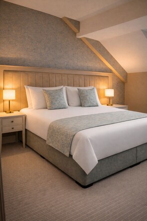A bedroom with a large bed, two bedside tables, a headboard, and a sloped ceiling.