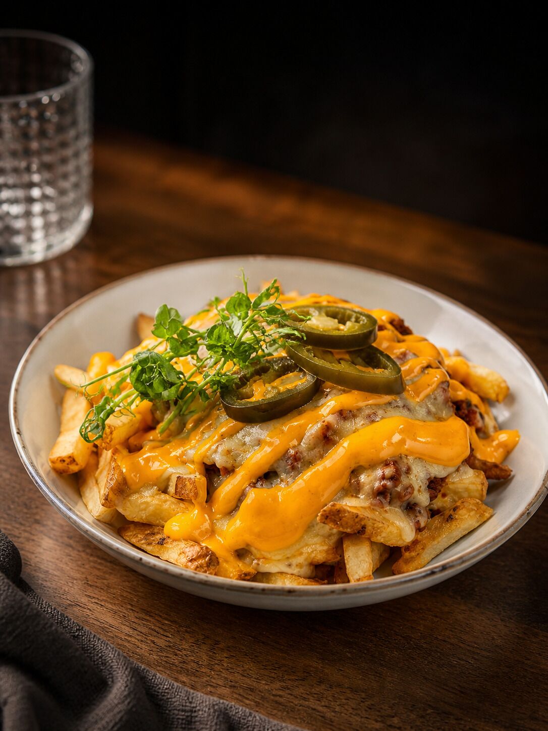 Une assiette de frites nappées de fromage fondu, de piments jalapeños et d’herbes aromatiques.