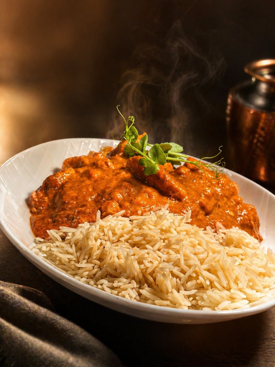 A plate of chicken curry with rice and a sprig of herb.