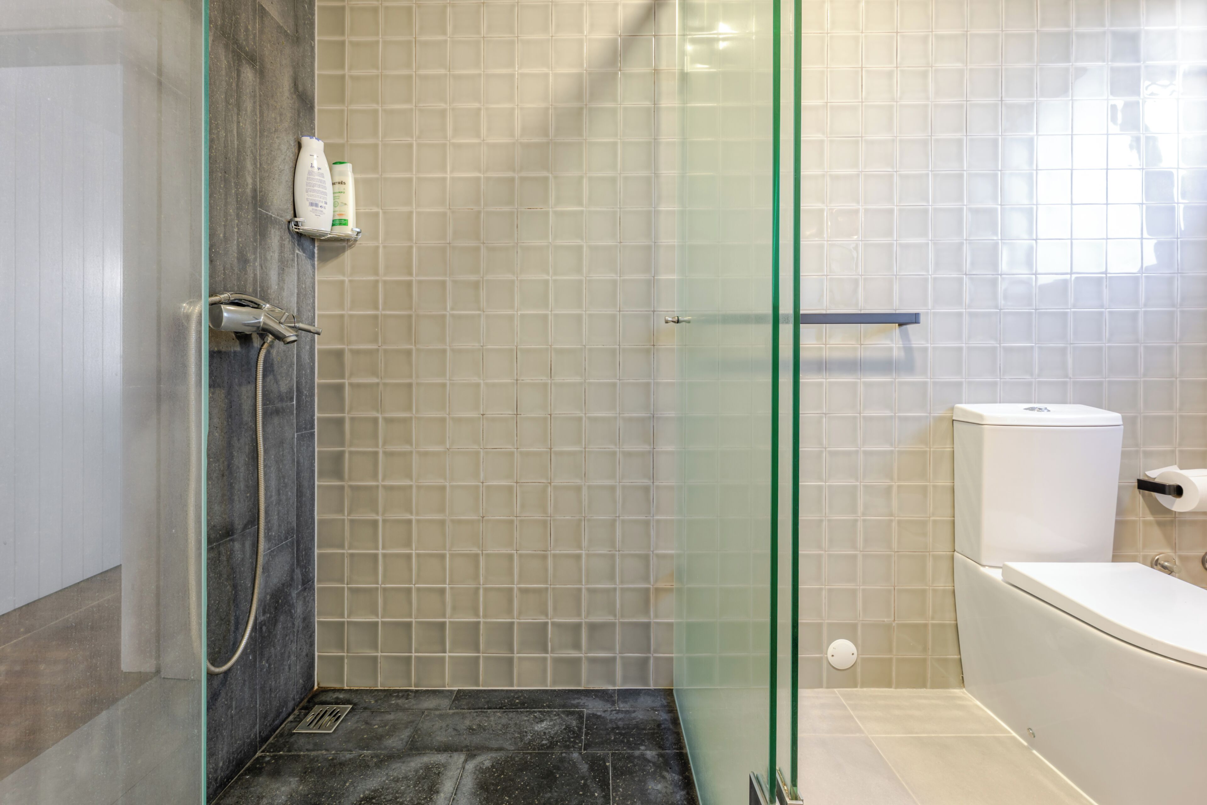 A modern bathroom with a glass-enclosed shower, a toilet, and a shelf with toiletries.