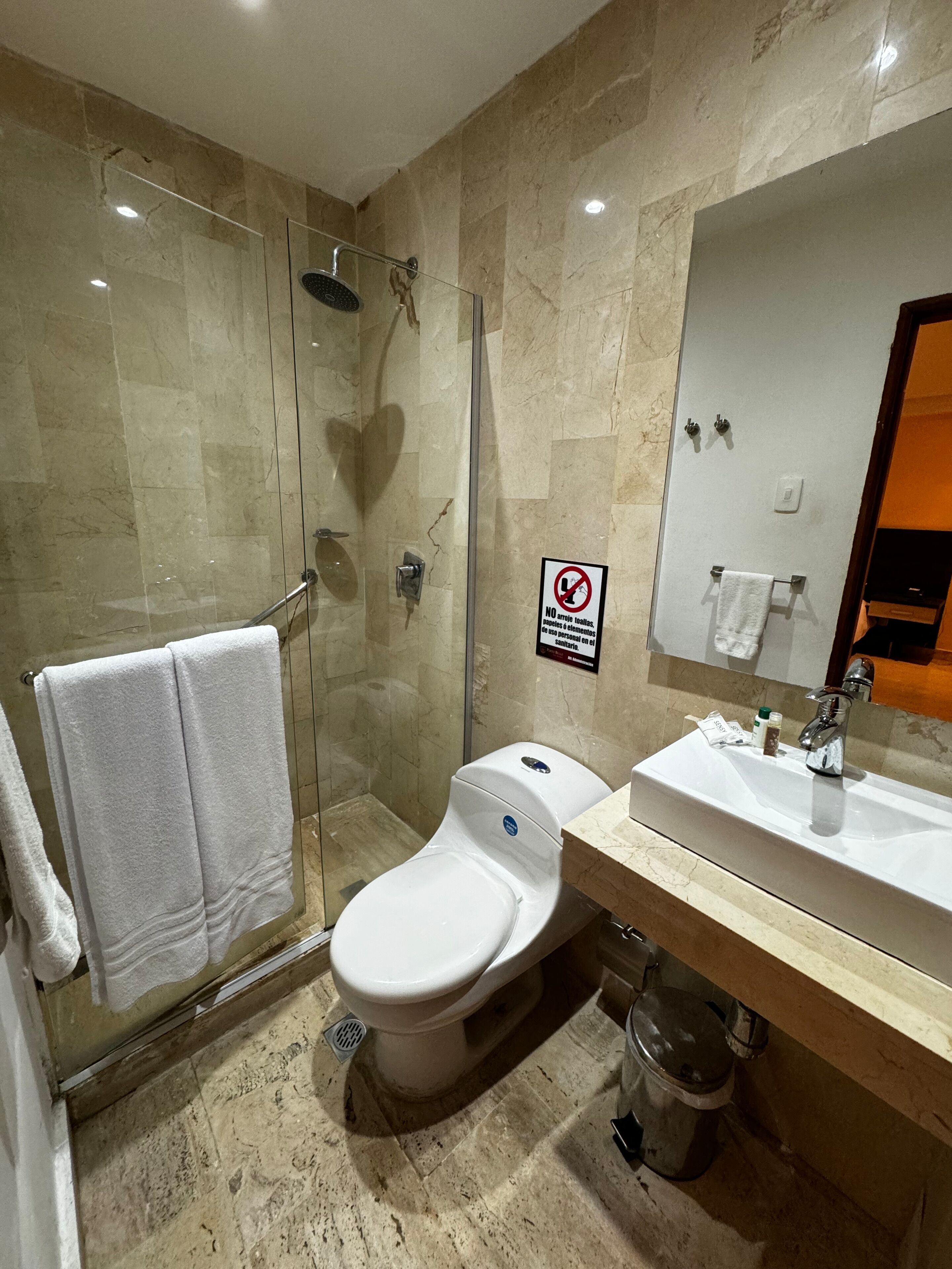 Un baño moderno con ducha de vidrio, inodoro blanco y lavamanos con espejo.