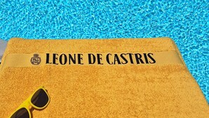 Ein Handtuch mit dem Aufdruck "LEONE DE CASTRIS", platziert am Pool.