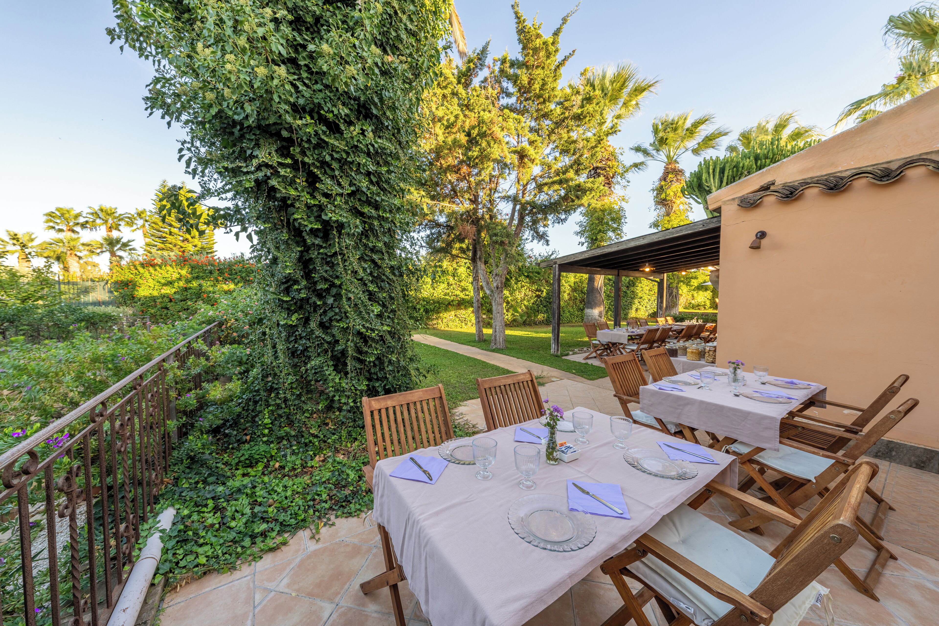 An outdoor dining area with tables set for a meal, surrounded by greenery and palm trees.