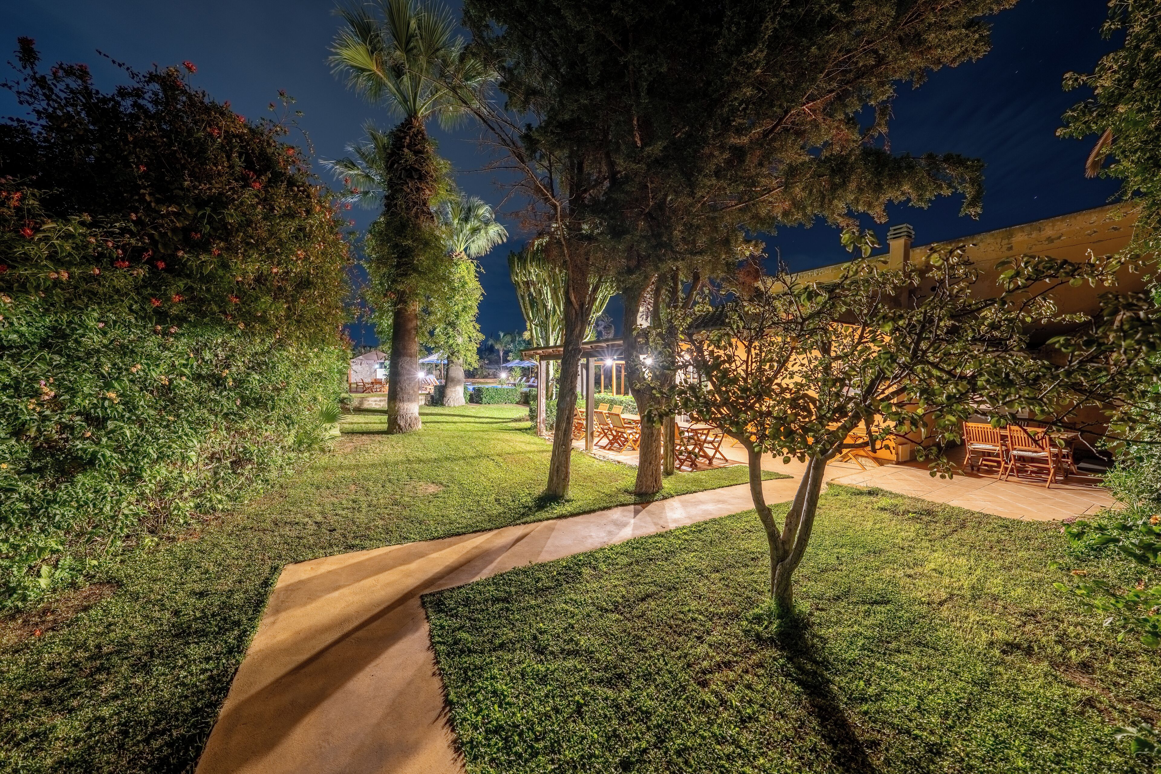 A well-lit outdoor area with a paved walkway, trees, and outdoor furniture.