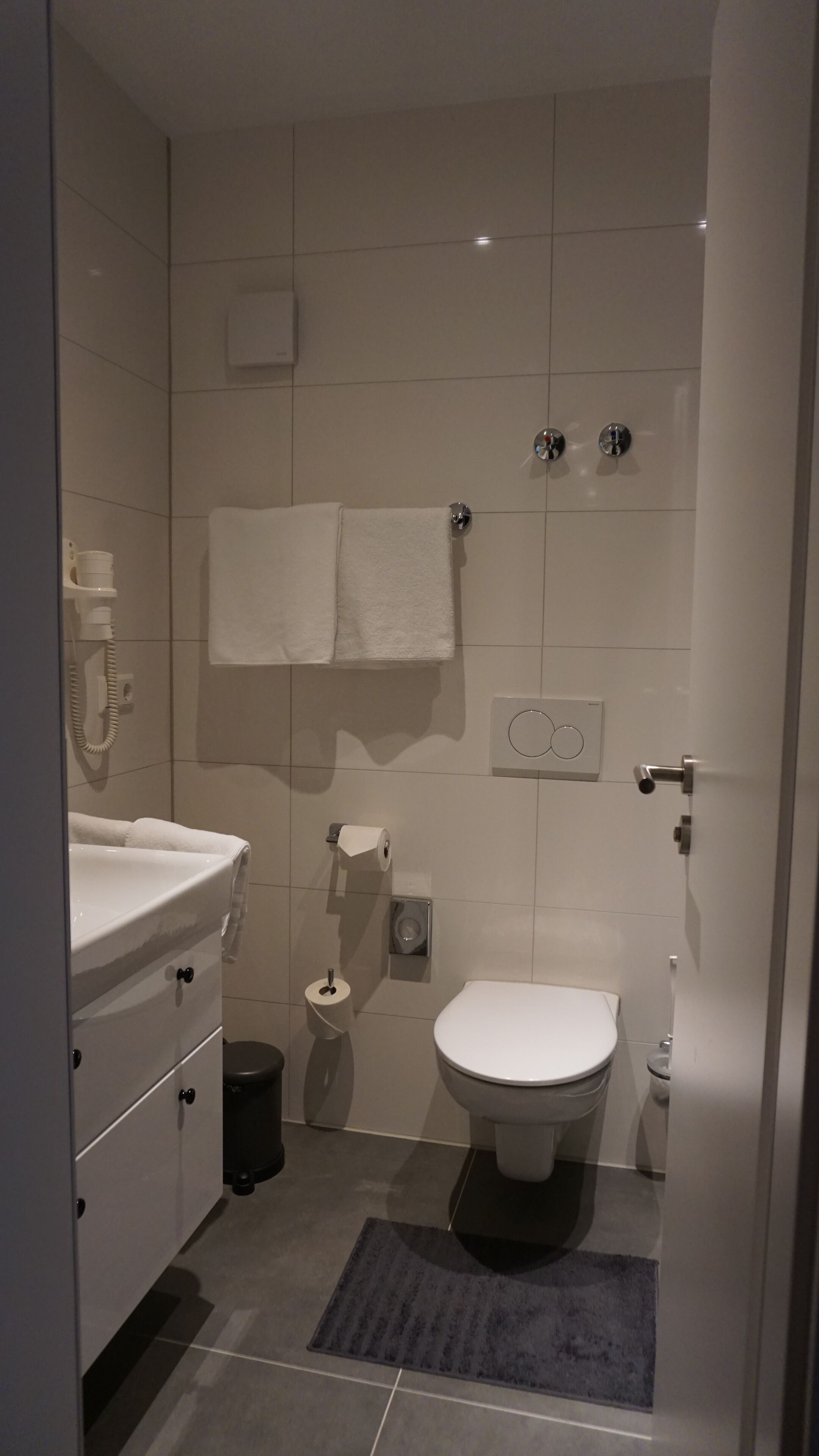Et lille badeværelse med toilet, vask og håndklædestige.