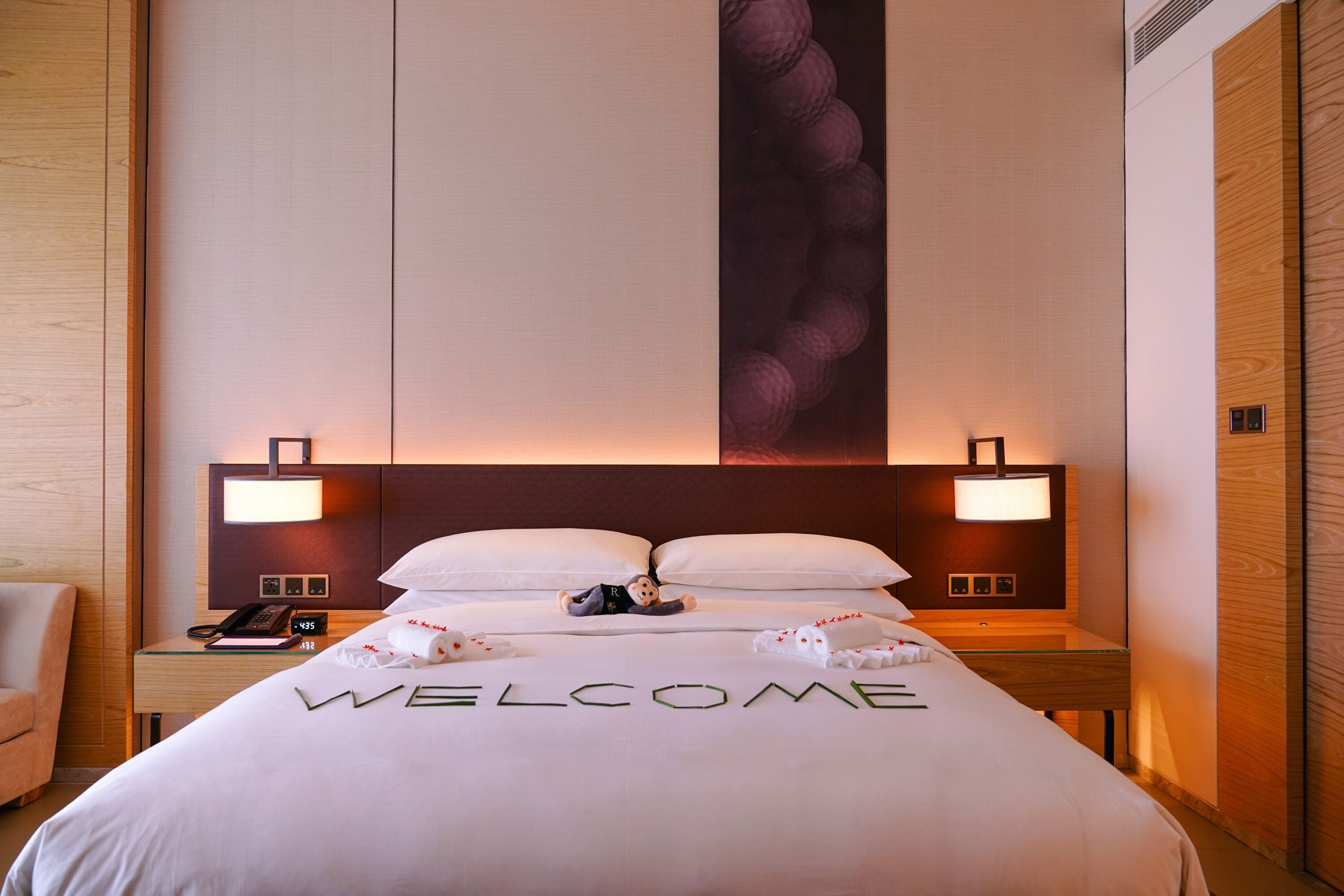 Una habitación de hotel con una cama, dos lámparas de noche, una mesita de noche con un teléfono y una pared con un panel decorativo grande.