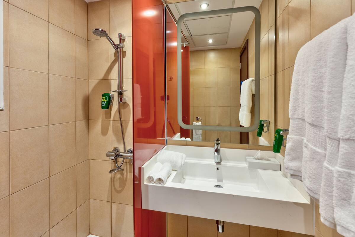 combined shower/bathtub, rainfall showerhead, eco-friendly toiletries