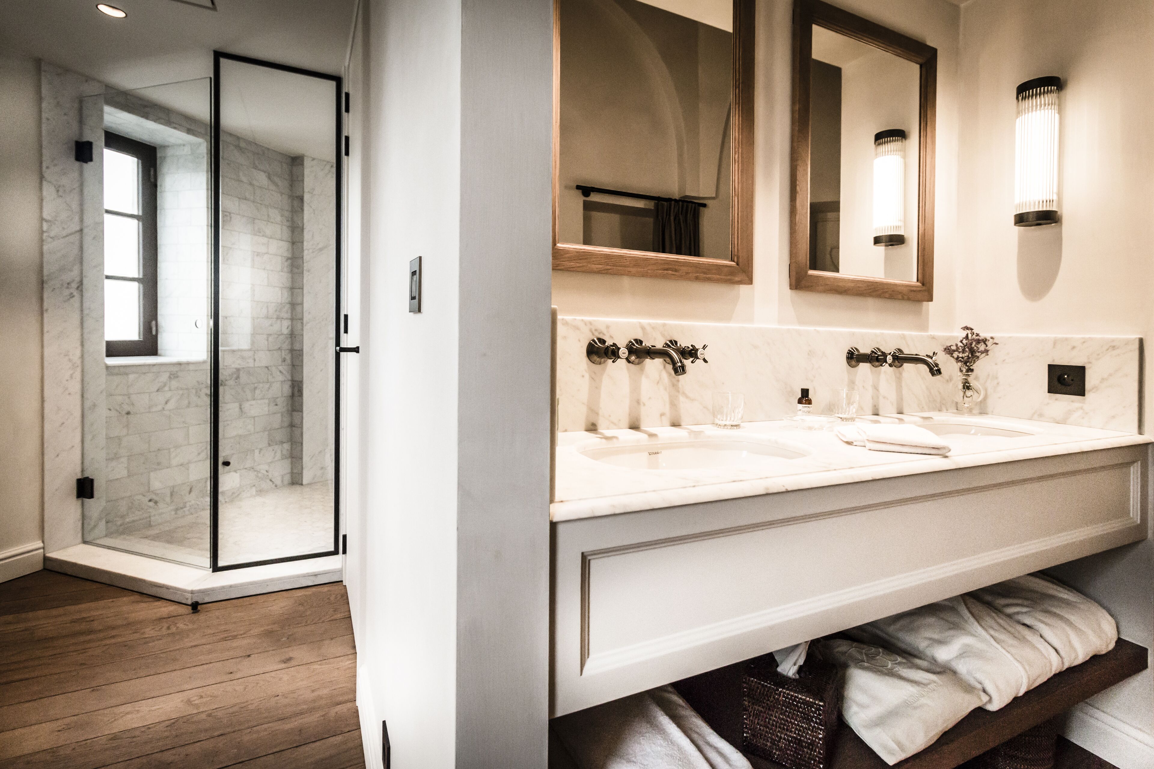 tower suite | bathroom | designer toiletries, hair dryer, bathrobes, towels