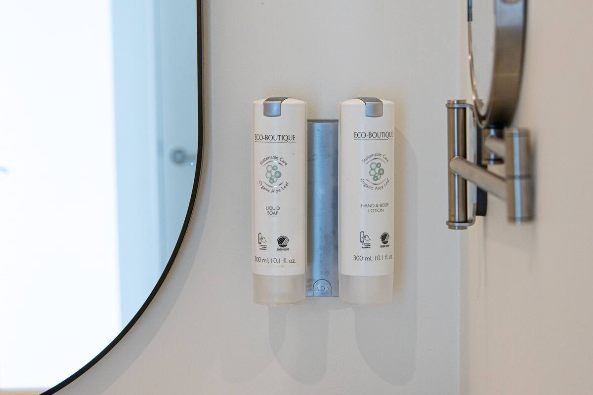 free toiletries, hair dryer, towels