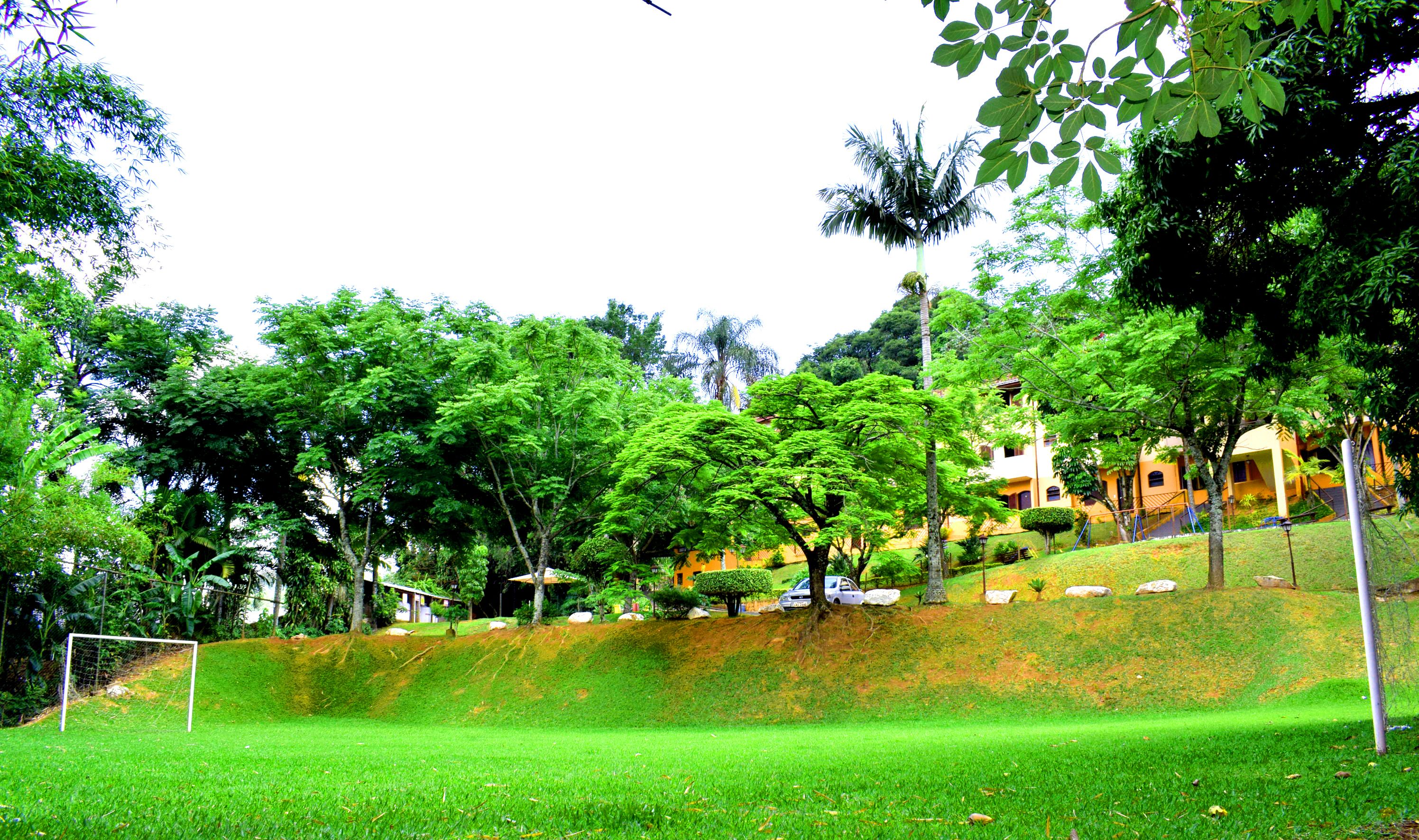 Um parque verdejante com um gol de futebol, árvores e um edifício com fachada amarela.