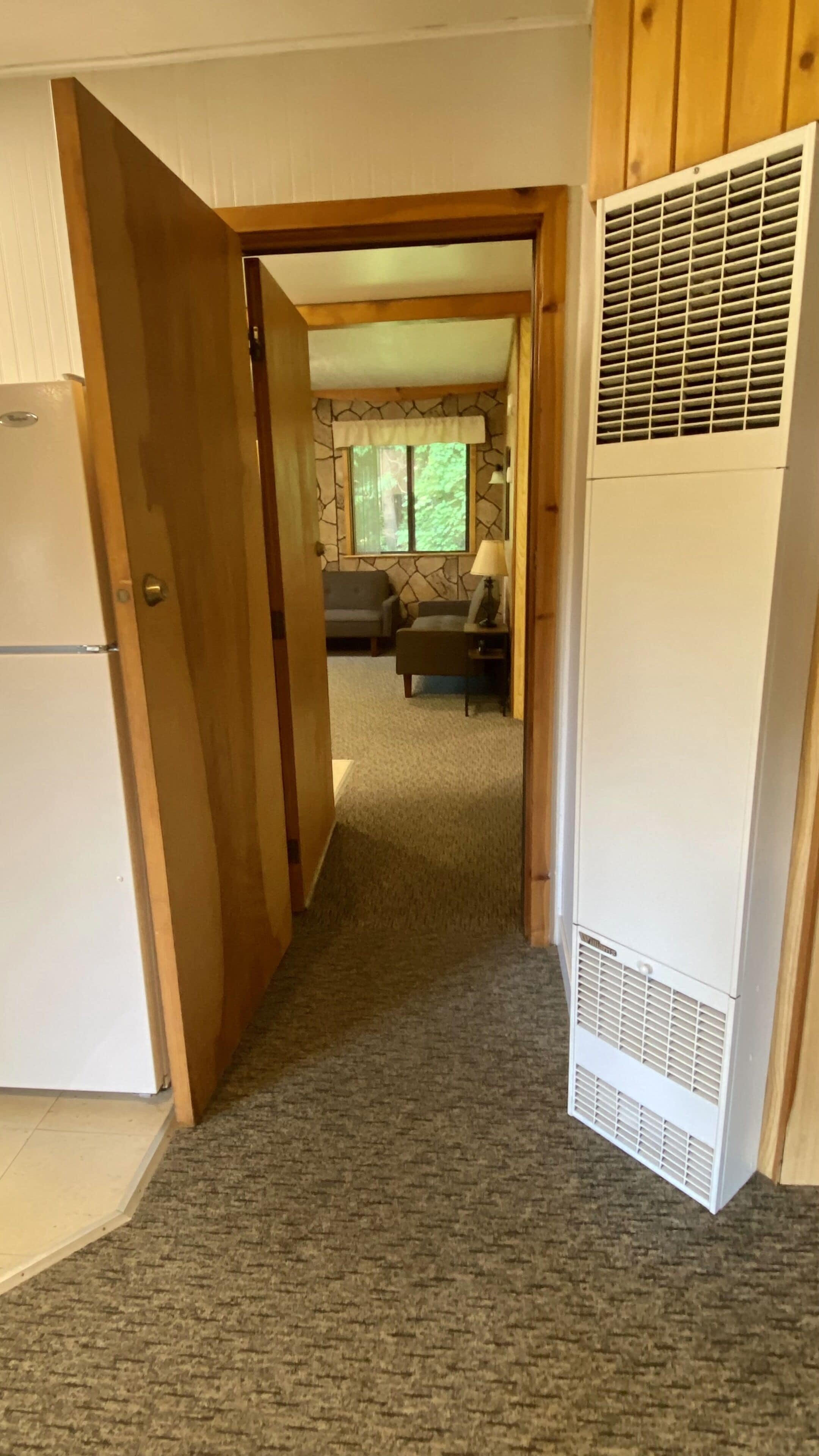 A narrow hallway with a carpeted floor leading to a living area with a sofa and a lamp. A white appliance is visible on the left, and a white heater is on the right.