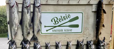 A wooden sign with the name 'Betsie Riverside Resort' and several fish displayed on a wooden structure.