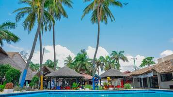 2 outdoor pools, open 8 AM to 10 PM, pool umbrellas, pool loungers