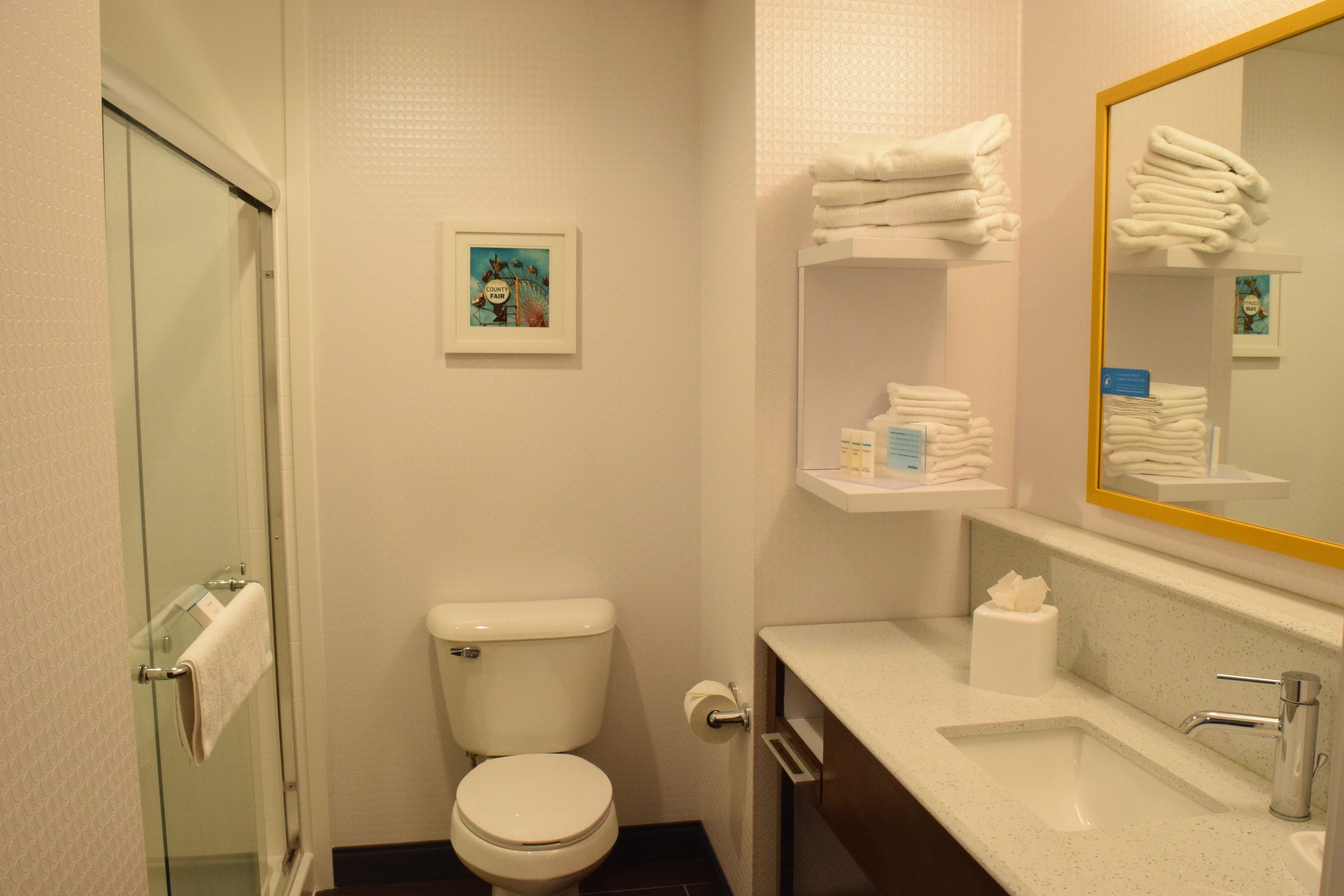 free toiletries, hair dryer, towels