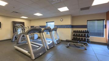 A gym with treadmills, a bench, and a rack of dumbbells.
