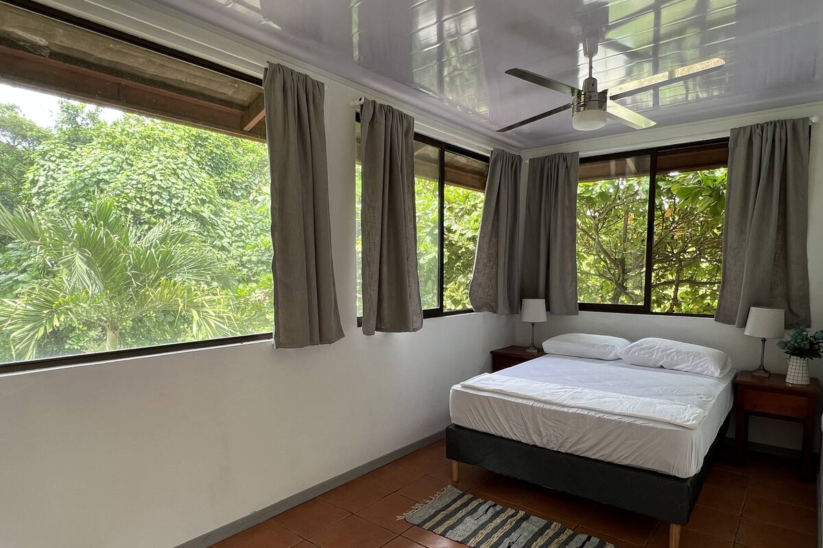 Une chambre à coucher comprenant un lit, une table de chevet, un ventilateur de plafond et de grandes fenêtres avec des rideaux.