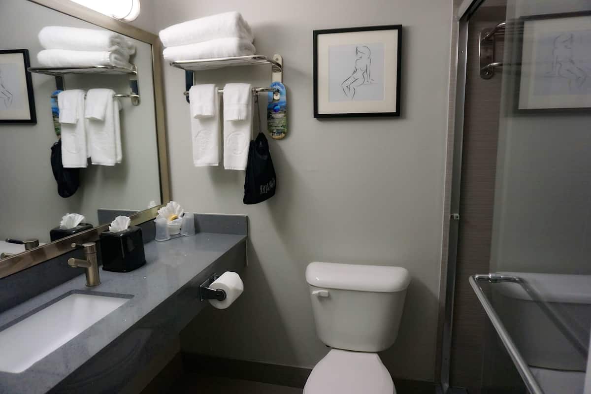 shower, free toiletries, bathrobes, slippers