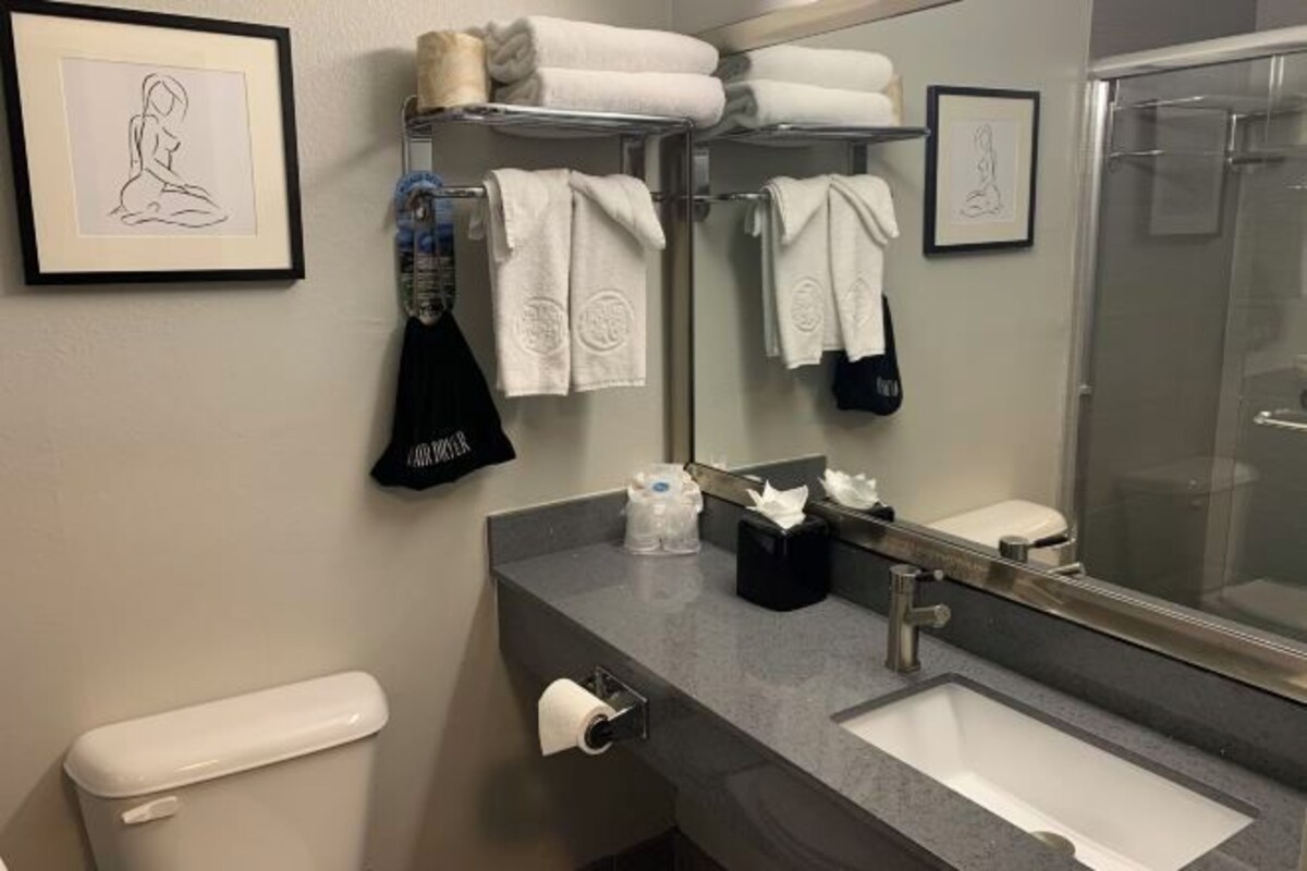 A bathroom with a toilet, sink, and a towel rack with folded towels.