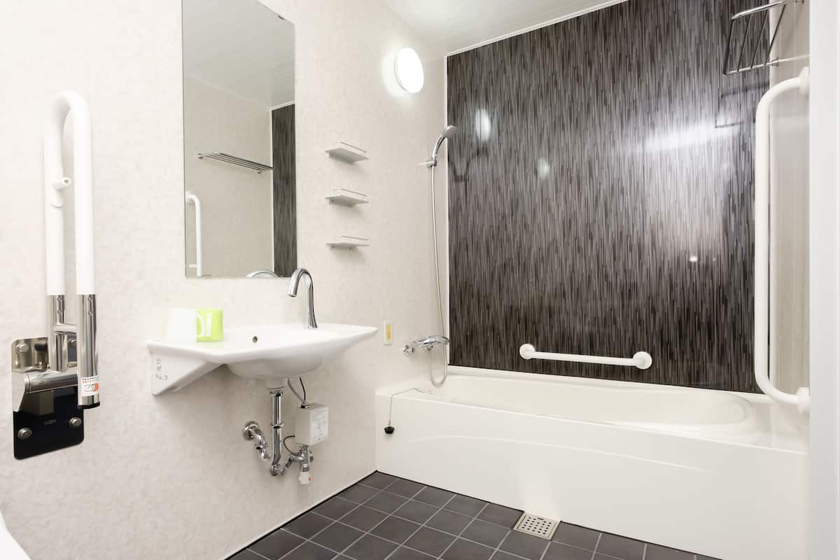 combined shower/bathtub, free toiletries, hair dryer, slippers