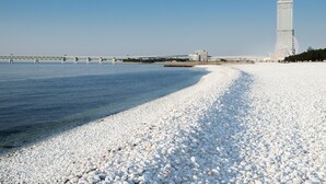 A pebbled beach with a clear view of a tall building and a bridge in the background. - The Premium Hotel in Rinku (Izumisano)