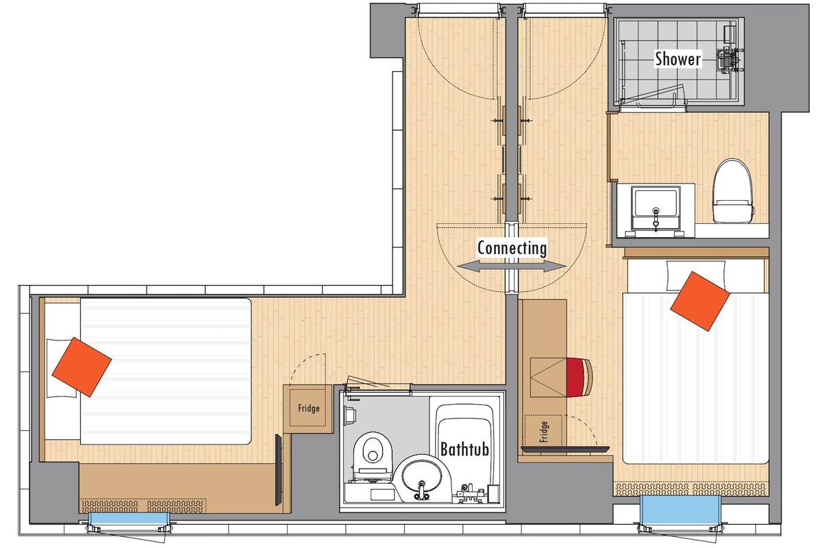 Connecting Room (Double Room with Shower Booth &  Economy Double Room with Unit Bath) | 평면도