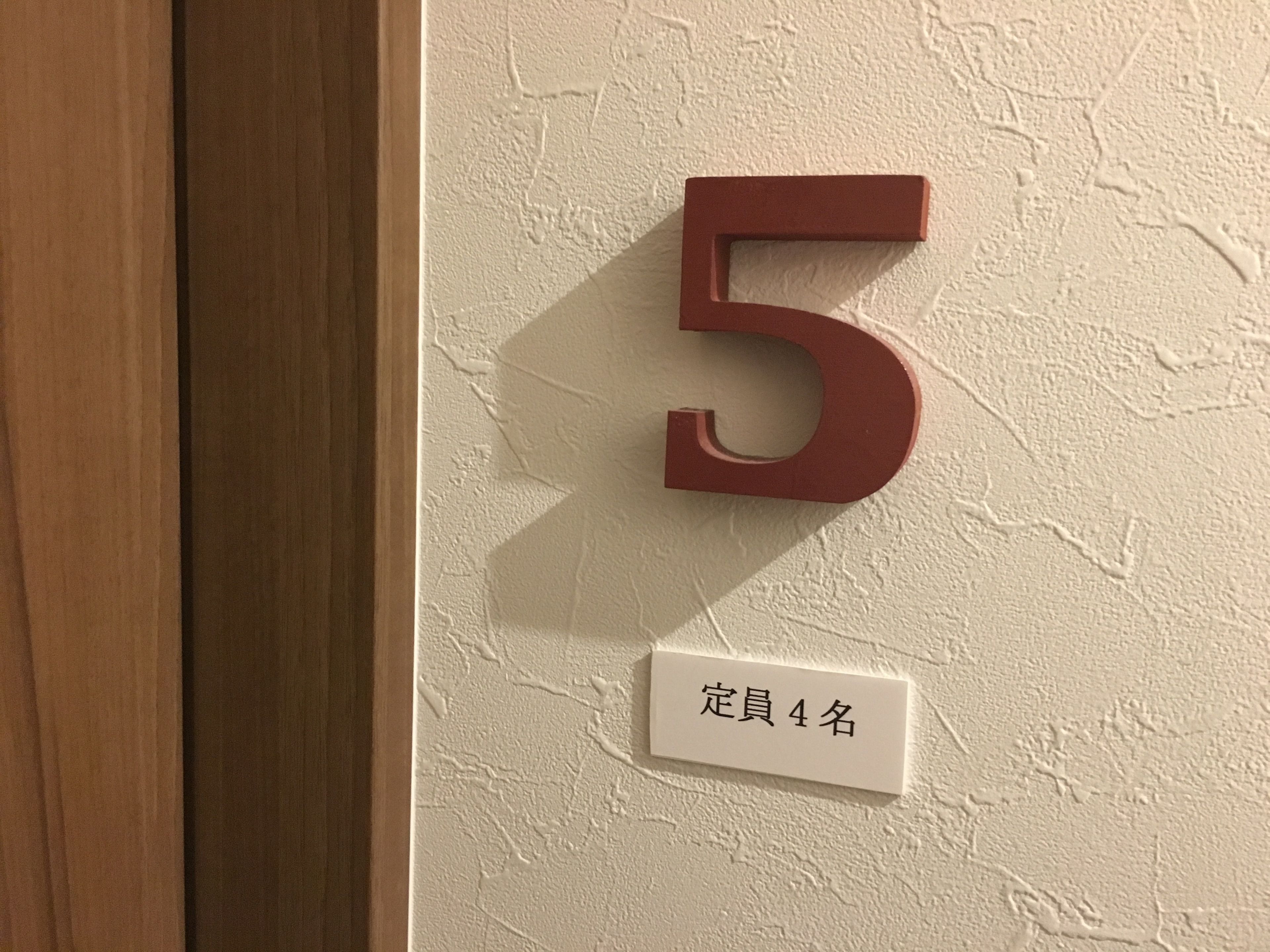 A wooden door with a wall number '5' and a sign with Japanese characters.