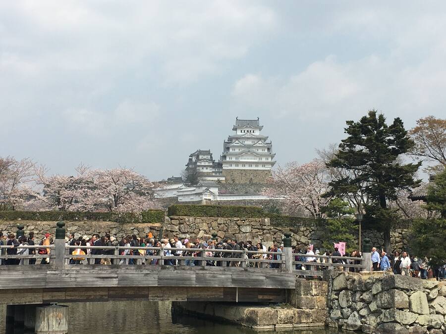 A traditional Japanese castle with a stone bridge in the foreground.