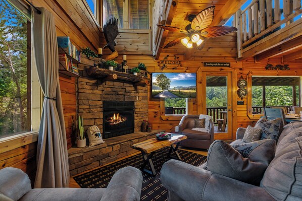 Smart TV, fireplace, video games, DVD player