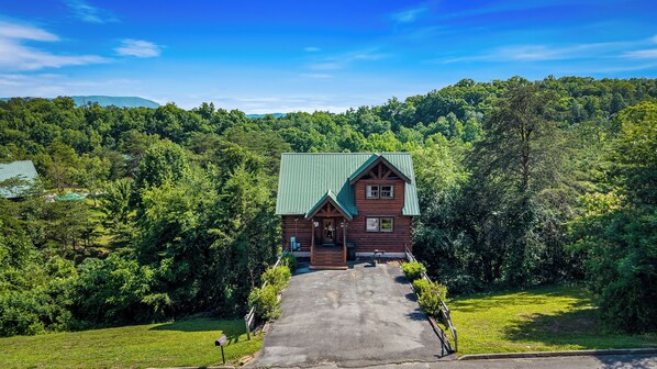 A log cabin with a green roof, surrounded by dense forest and a clear sky.