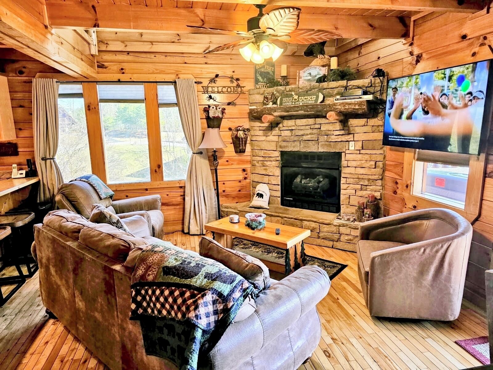 Smart TV, fireplace, video games, DVD player