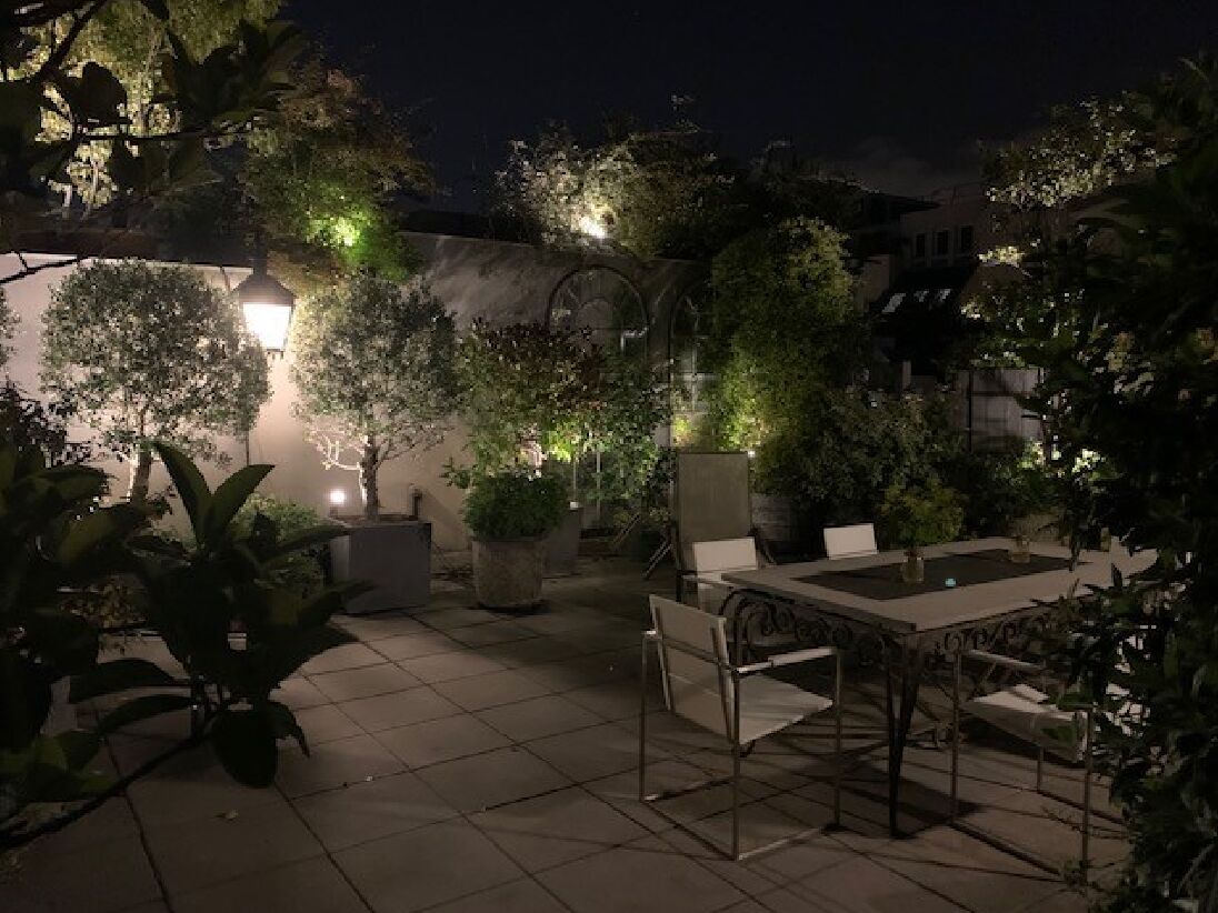 Un espace extérieur aménagé en patio, avec une table et des chaises, entouré de plantes en pot et d’arbres.