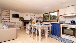 A compact living space with a kitchen, dining area, and a sofa.