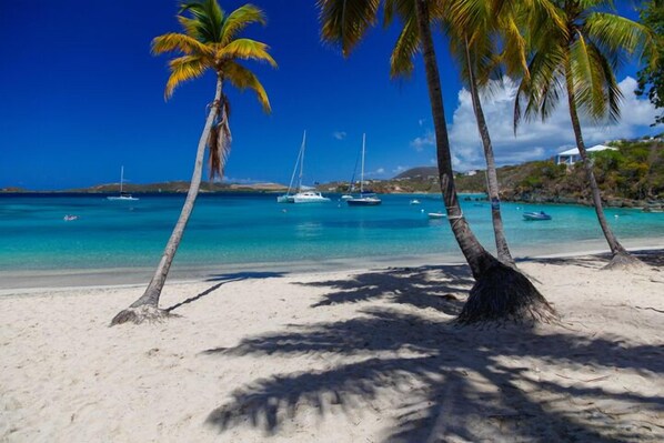 A beach with clear turquoise water, palm trees, and boats.