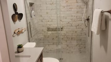 Combined shower/bathtub, hair dryer, towels, soap