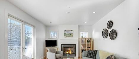 Televisión, chimenea y libros