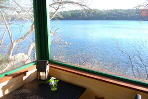 A room with a view of a lake, a small plant on a windowsill, and a wooden bench.