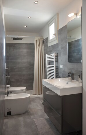 Een douche, een haardroger, een bidet, handdoeken