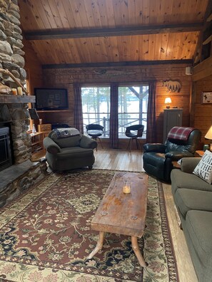 Televisión, chimenea, reproductor de DVD y libros 