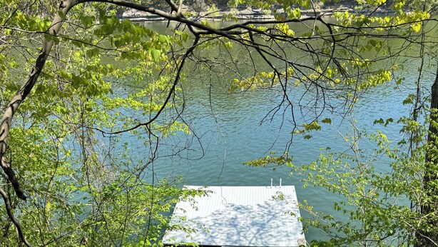 A wooden staircase leading to a dock over a calm lake, surrounded by dense green foliage. - Lakefront Cabin: Private Water Access, Boat Parking, Lake View & Wi-Fi (Burnside)