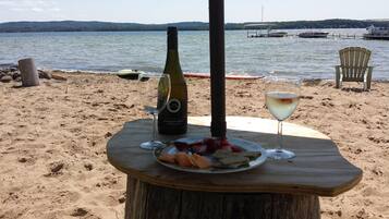 On the beach, sun loungers