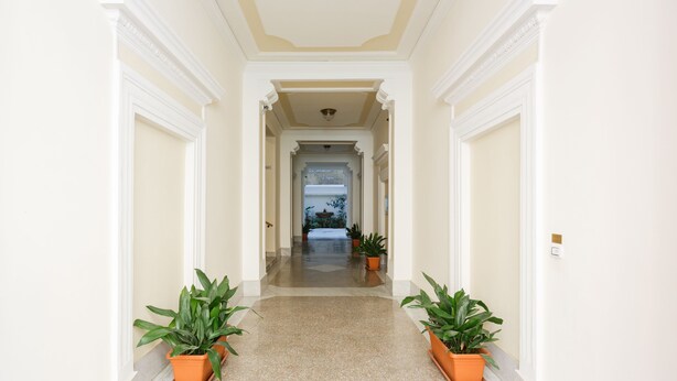 A hallway with a marble floor, white walls, and columns. There are potted plants on either side of the hallway. - Modern Comfort, Poetic Charm (Roma)