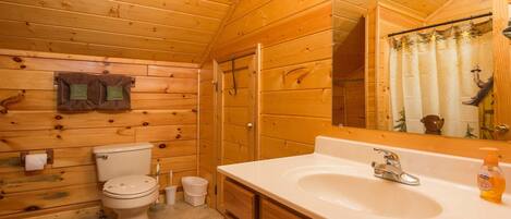 Een houten badkamer in een vakantiehuisje, met toilet, wastafel en spiegel.