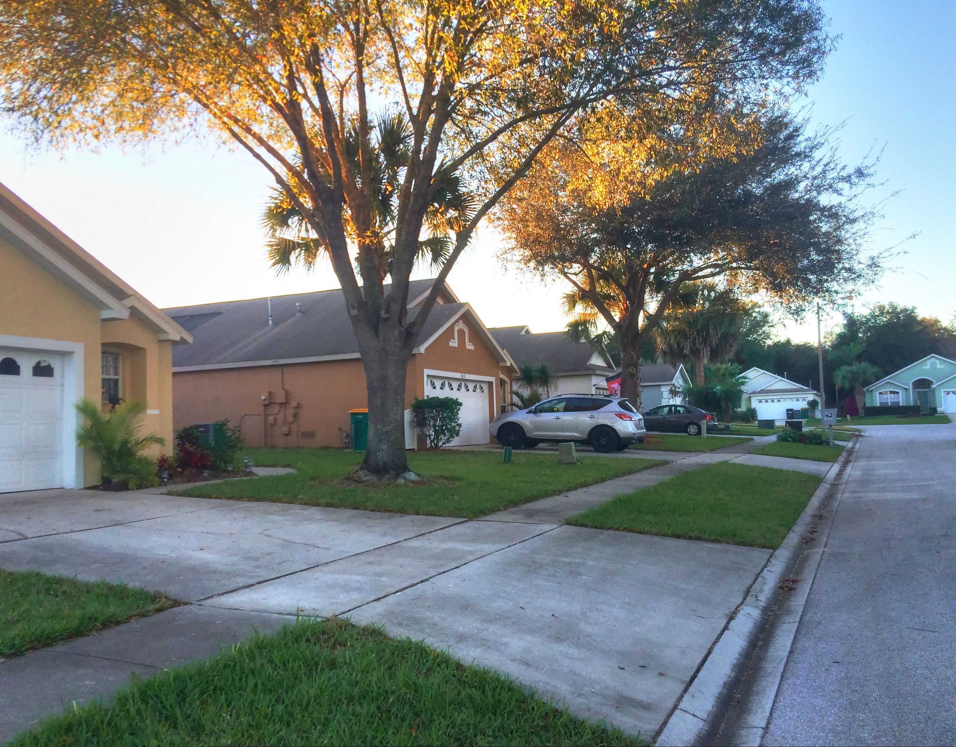 A residential street with houses, a tree, and parked cars.