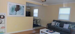 TV, fireplace, books